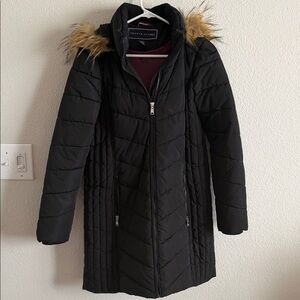 Tommy Hilfiger Black Puffer Coat with Faux Fur Hood
